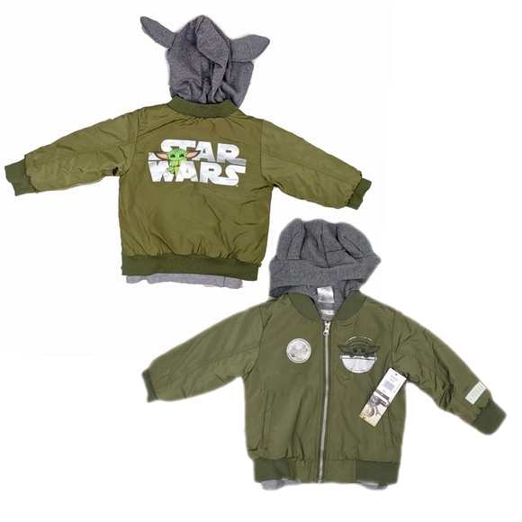NWT Disney Star Wars 2 Pc Baby Yoda 3T Army Green Bomber Jacket & Tee - Picture 2 of 9